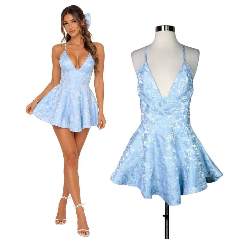 Babyboo | Leila Baby Blue Floral Jacquard Plunge Flared Coquette Playsuit M